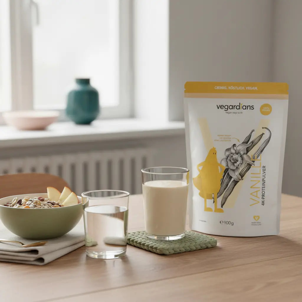 Veganer Post-Workout-Shake ohne Logo auf nachhaltigem Holztisch mit Vegardians-Produkt, Müsli, Nüssen und saisonalem Obst in realistischer europäischer Küche bei sanftem Morgenlicht – 10-minuten-workout