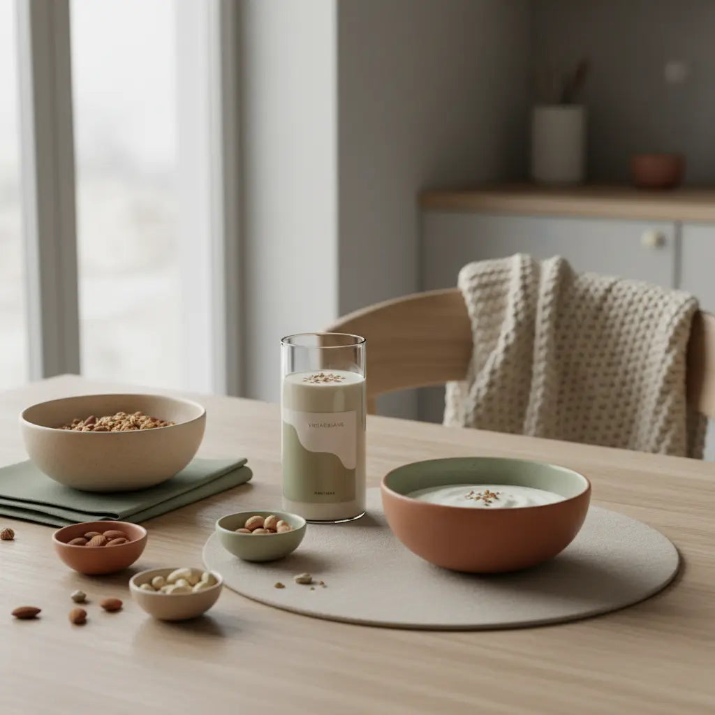 Minimalistische Morgen-Tischszene mit Granola, pflanzlichem Joghurt, Nüssen und Shake auf einem nachhaltigen Holztisch in einer europäischen Küche, nährende Ästhetik für 100 g Eiweiß am Tag