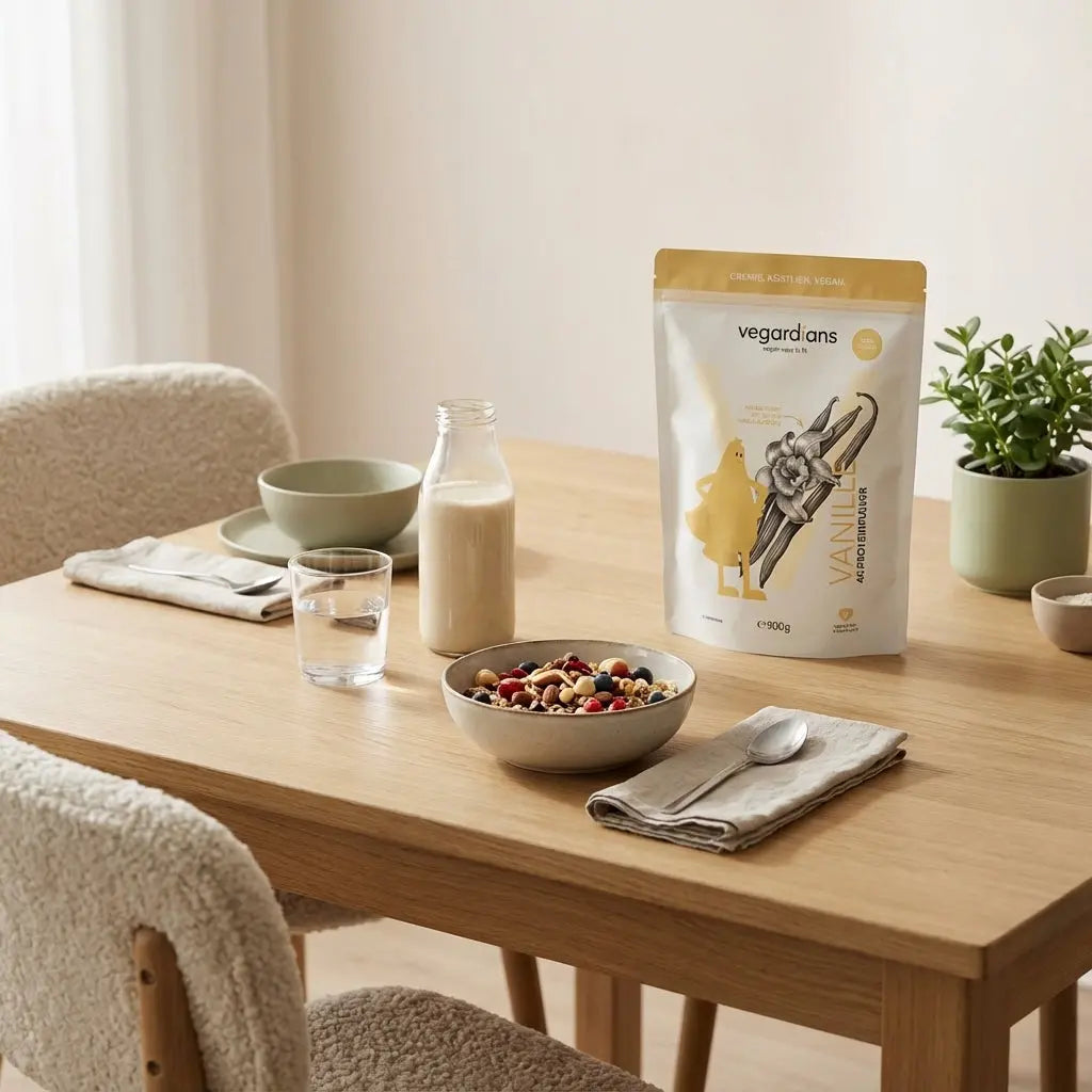 Minimalistisches Frühstück mit veganem Müsli, Beeren und Proteinshake auf hellem Holztisch in ruhiger Küche – passend für Tipps zum 12 kg abnehmen.