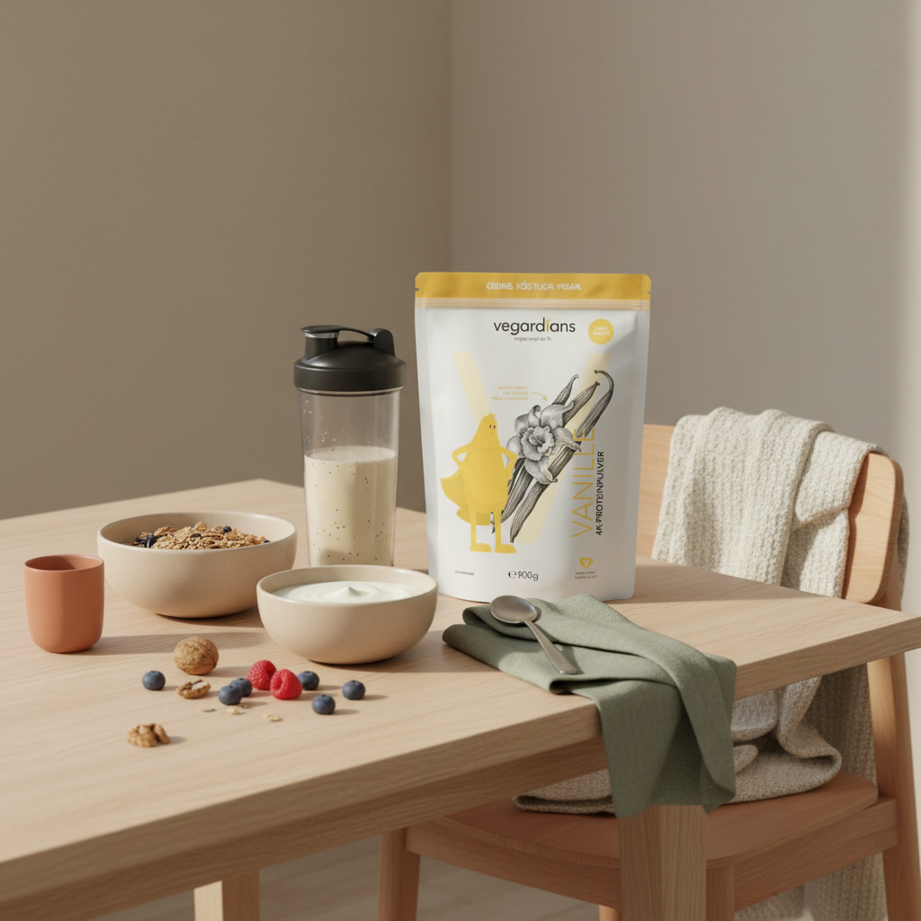 Vegan-proteinreiches Frühstück auf Holztisch mit Müsli, pflanzlichem Joghurt, Nüssen, Beeren und Glas-Shaker im Morgenlicht – 20 kg abnehmen ohne sport