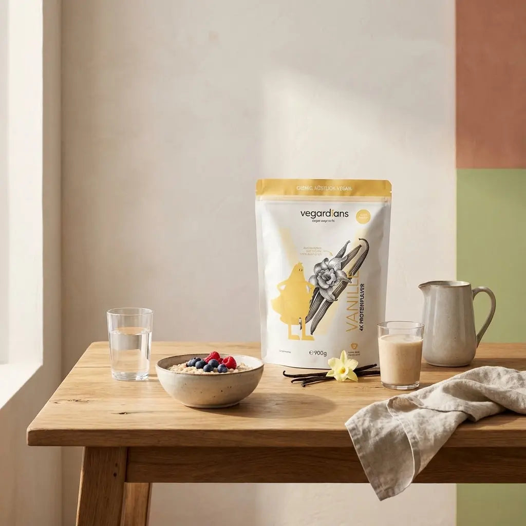 Morgenszene in europäischer Küche mit Porridge, Glas Wasser und Keramikkanne auf nachhaltigem Holztisch, ruhige Stimmung – 2000 kcal Tagesplan Beispiel