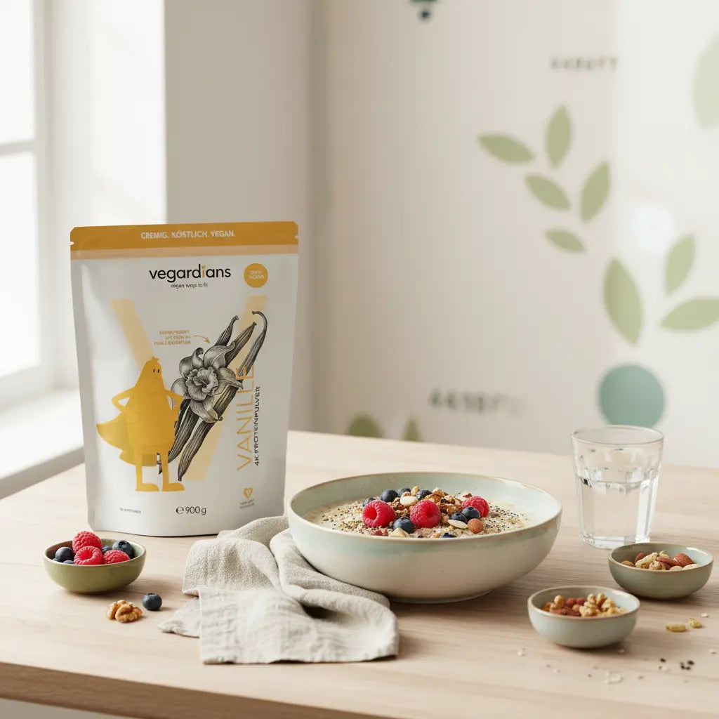 Veganes Frühstück mit Hafer, Beeren und Nüssen auf nachhaltigem Holztisch in ruhiger Morgenstimmung – geeignet für einen 2000 kcal tagesplan.