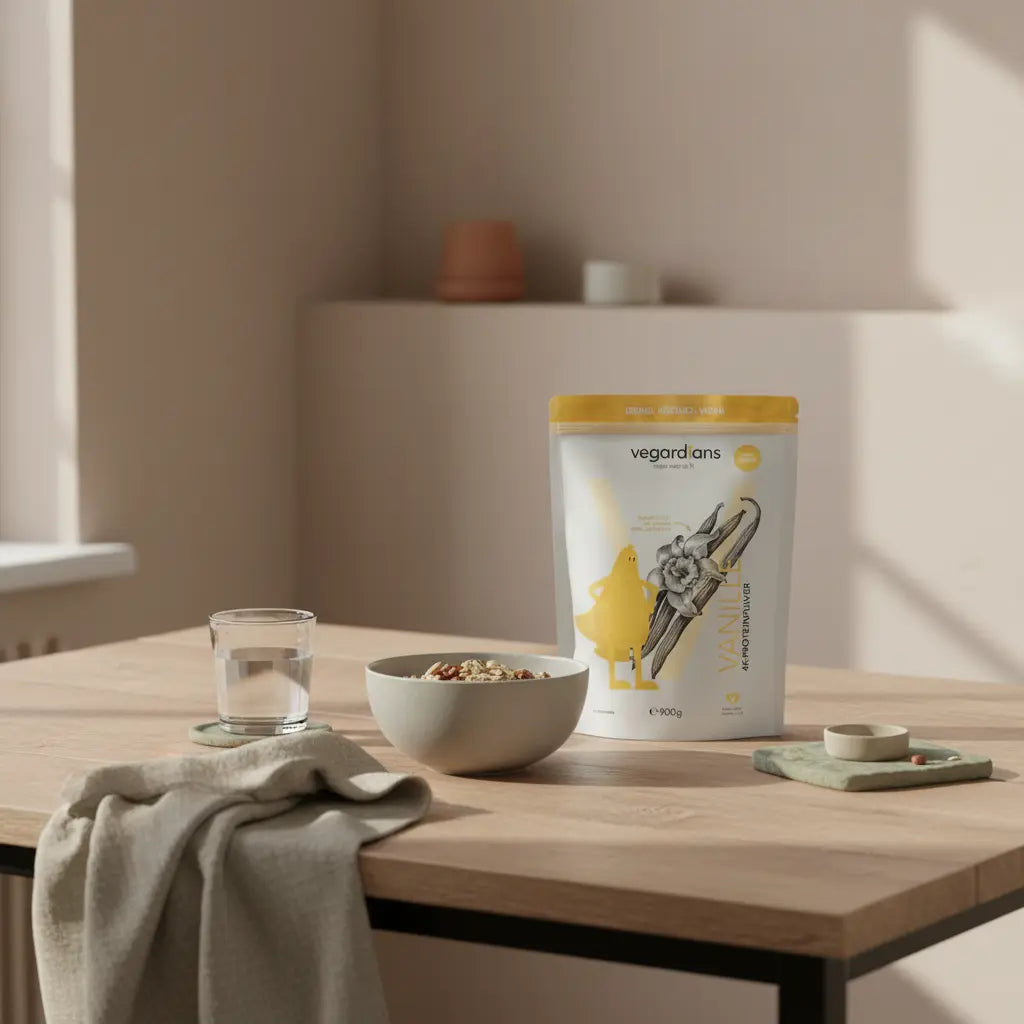 Minimalistische Morgen-Küchenszene mit Holztisch, Glas Wasser, Haferbrei, Nüssen und Vegardians-Produkt; 24 Stunden fasten Vorteile.