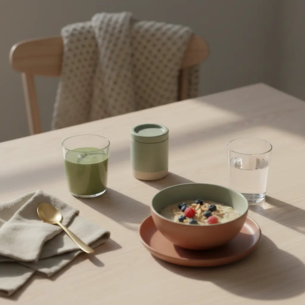 Minimalistisches Frühstück mit Porridge, Nüssen und grünem Smoothie auf nachhaltigem Holztisch im Morgenlicht – 30 Pflanzen pro Woche
