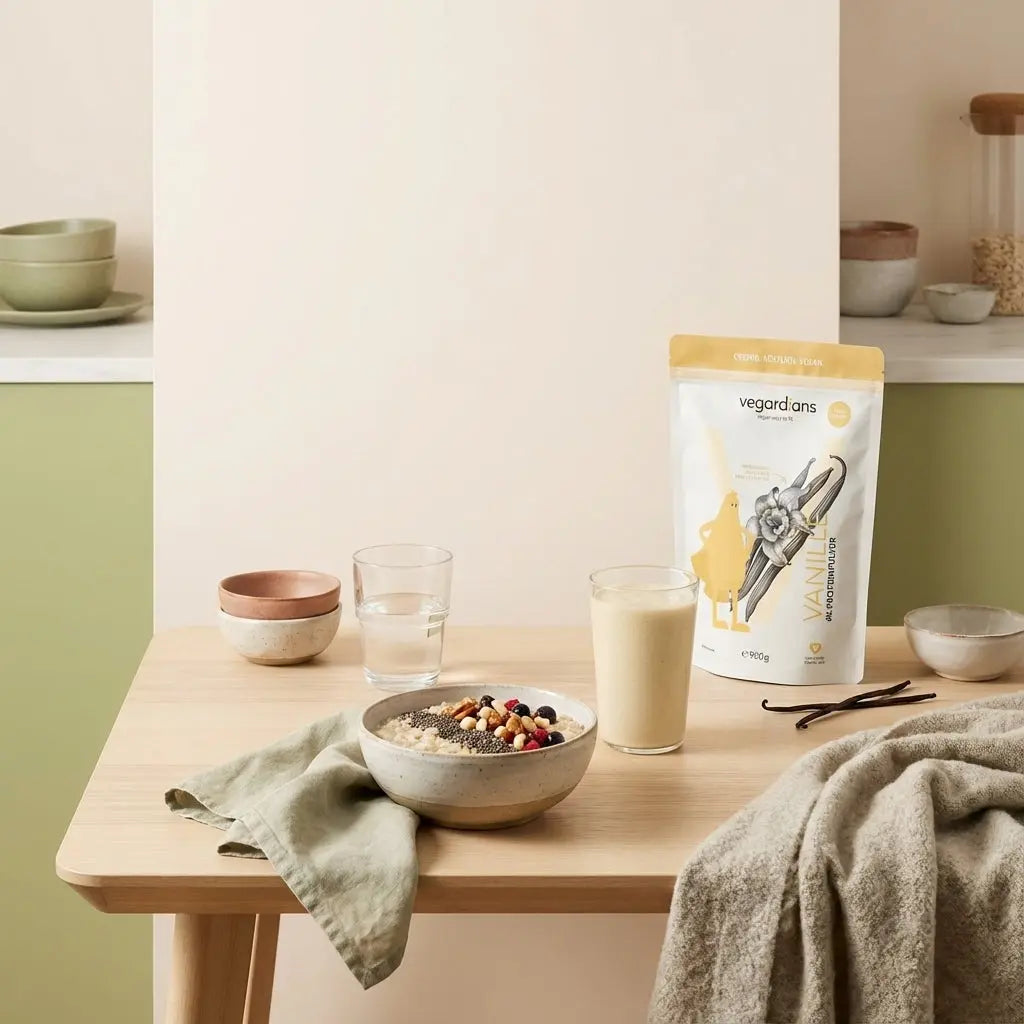 Minimalistische europäische Küche am Morgen: nachhaltiger Holztisch mit Haferbrei, Glas Wasser und cremigem Vanille-Smoothie – 30 pflanzliche Lebensmittel pro Woche