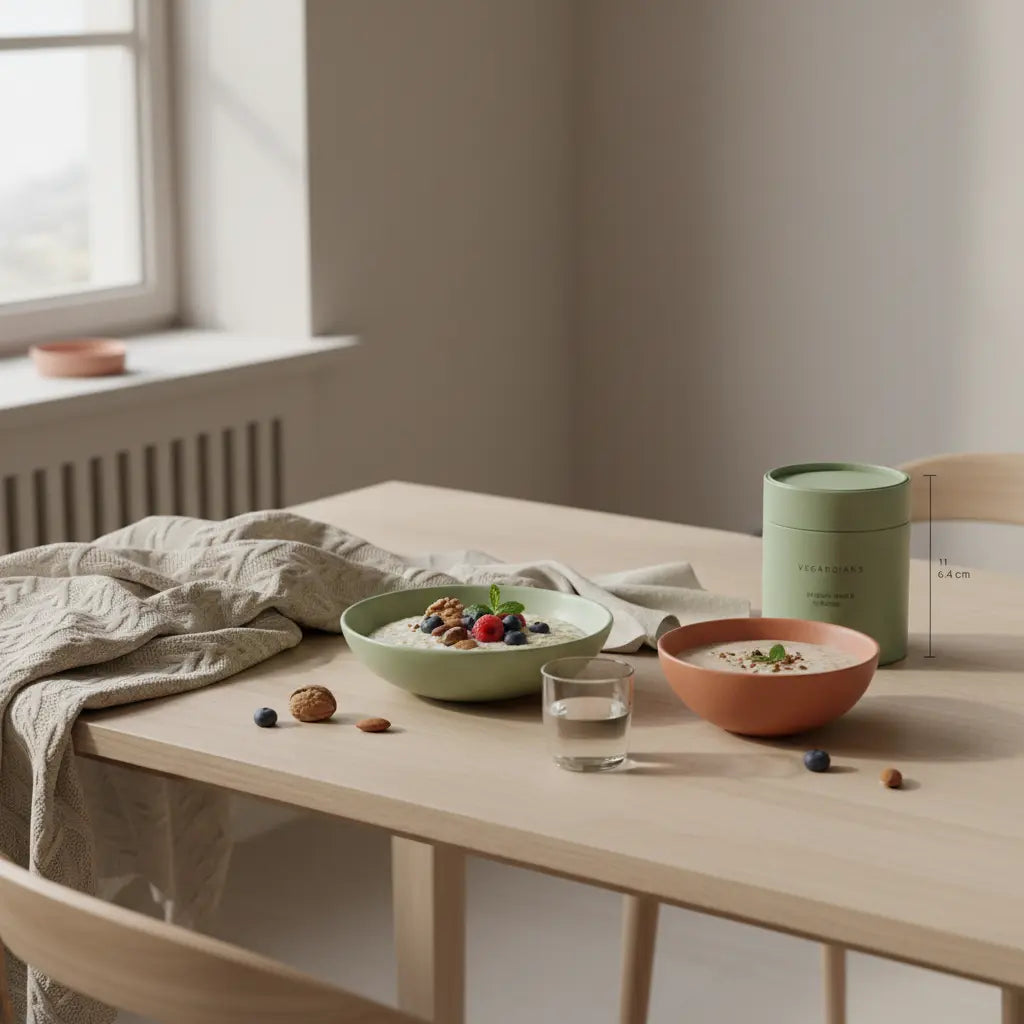 Minimalistische Morgenaufnahme: veganer Haferbrei mit Nüssen, Beeren und einem Proteinshake auf nachhaltigem Holztisch im warmen Morgenlicht, ruhige nährende Atmosphäre – 5 kg abnehmen