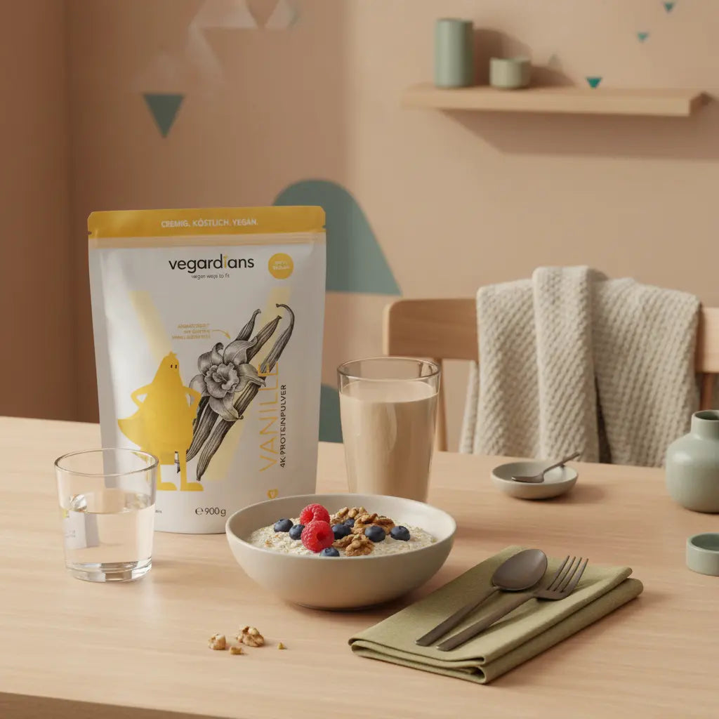 Minimalistisches Morgenfrühstück auf Holztisch mit Hafer, Beeren, Nüssen, pflanzlichem Shake und Produkt aus Referenzfotos — 5 kg in 2 wochen verlieren