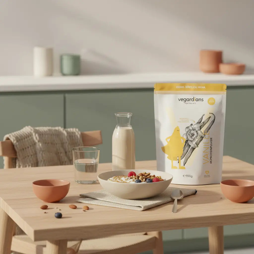 Vegane Frühstücks-Bowl mit Glas Wasser, Proteinshake und Vegardians-Produkt auf nachhaltigem Holztisch im sanften Morgenlicht – ruhig, minimalistisch, ideal für 5 kg in kurzer Zeit abnehmen