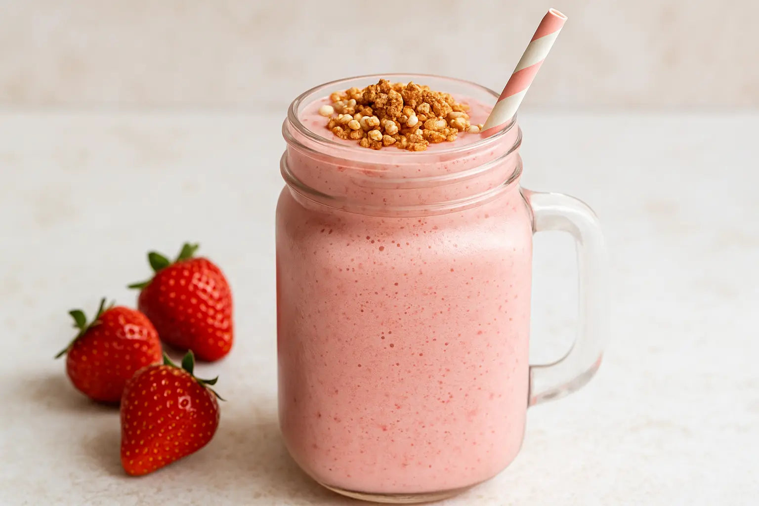 Erdbeer-Frappé mit Protein-Crunch