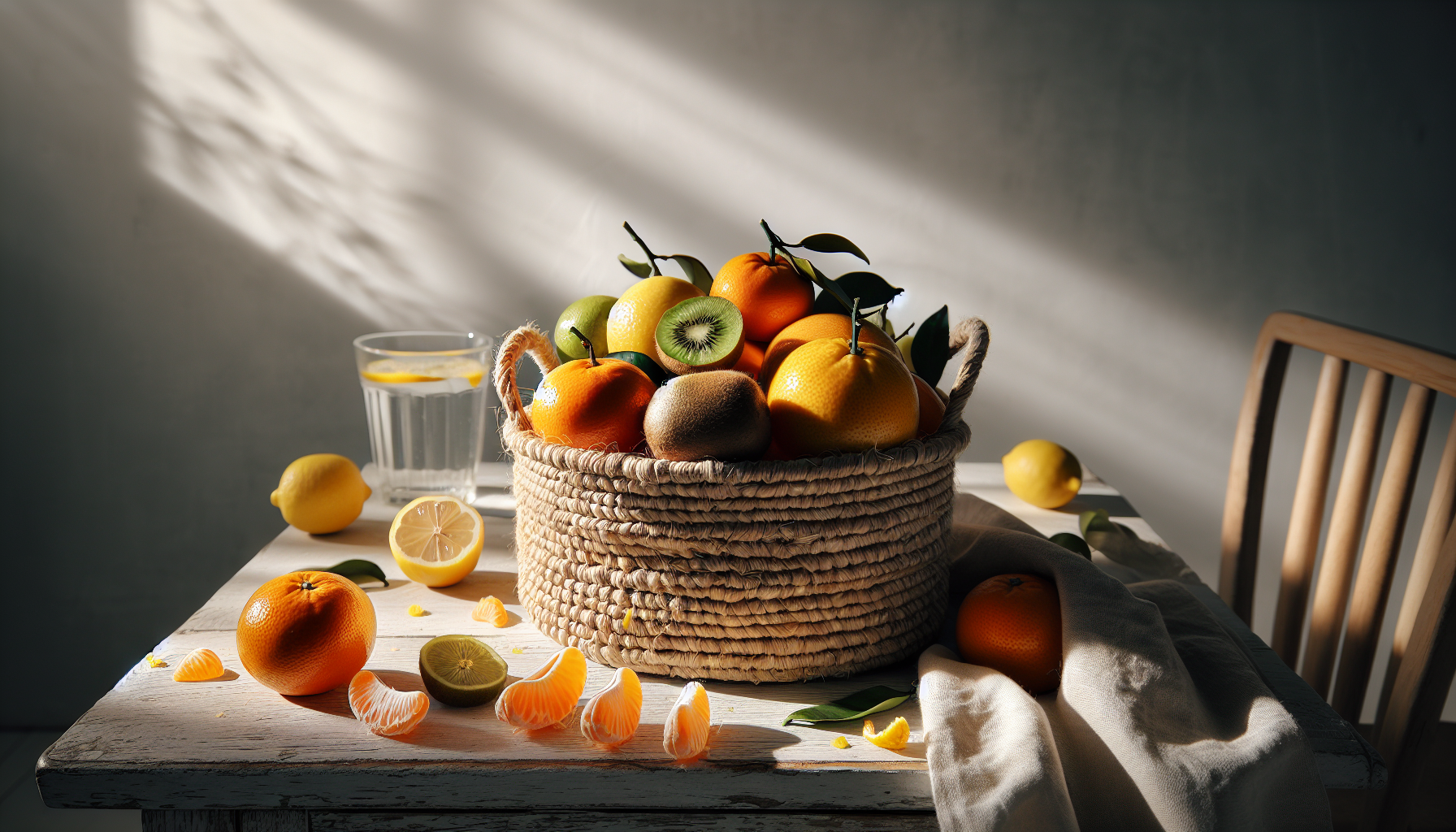 Korb mit frischen Mandarinen Kiwis und Zitronen auf hellem Holztisch mit Sonneneinfall und locker verteilten Zesten und Glaselementen