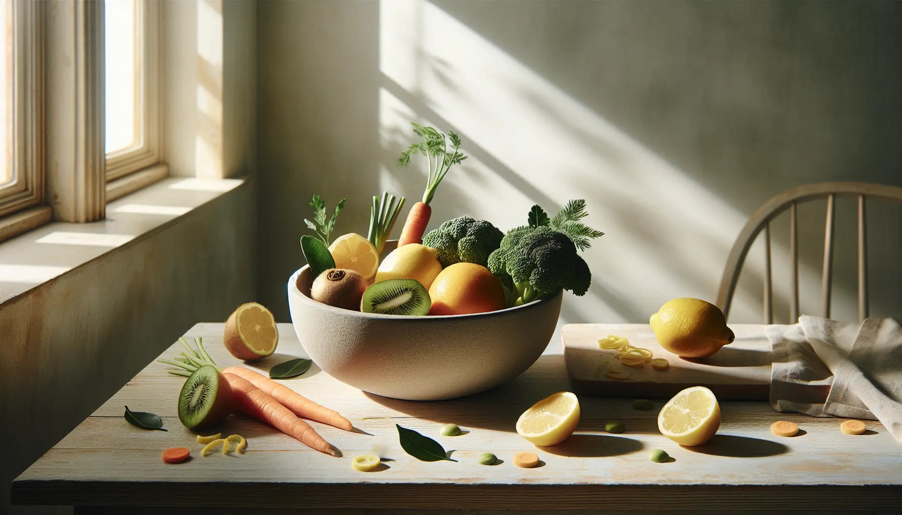 Schale mit frischem Obst und Gemüse auf hellem Holztisch sonniges Tageslicht ruhige entspannte Stimmung am Fenster