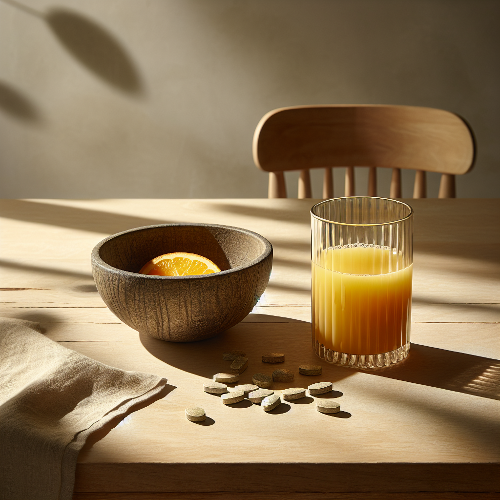 Heller, gemütlicher Frühstückstisch mit einem Glas Orangensaft und einem kleinen Schälchen mit Eisenpräparaten, umgeben von natürlichem Licht und dezenten, organischen Details in einem sonnendurchfluteten Raum.