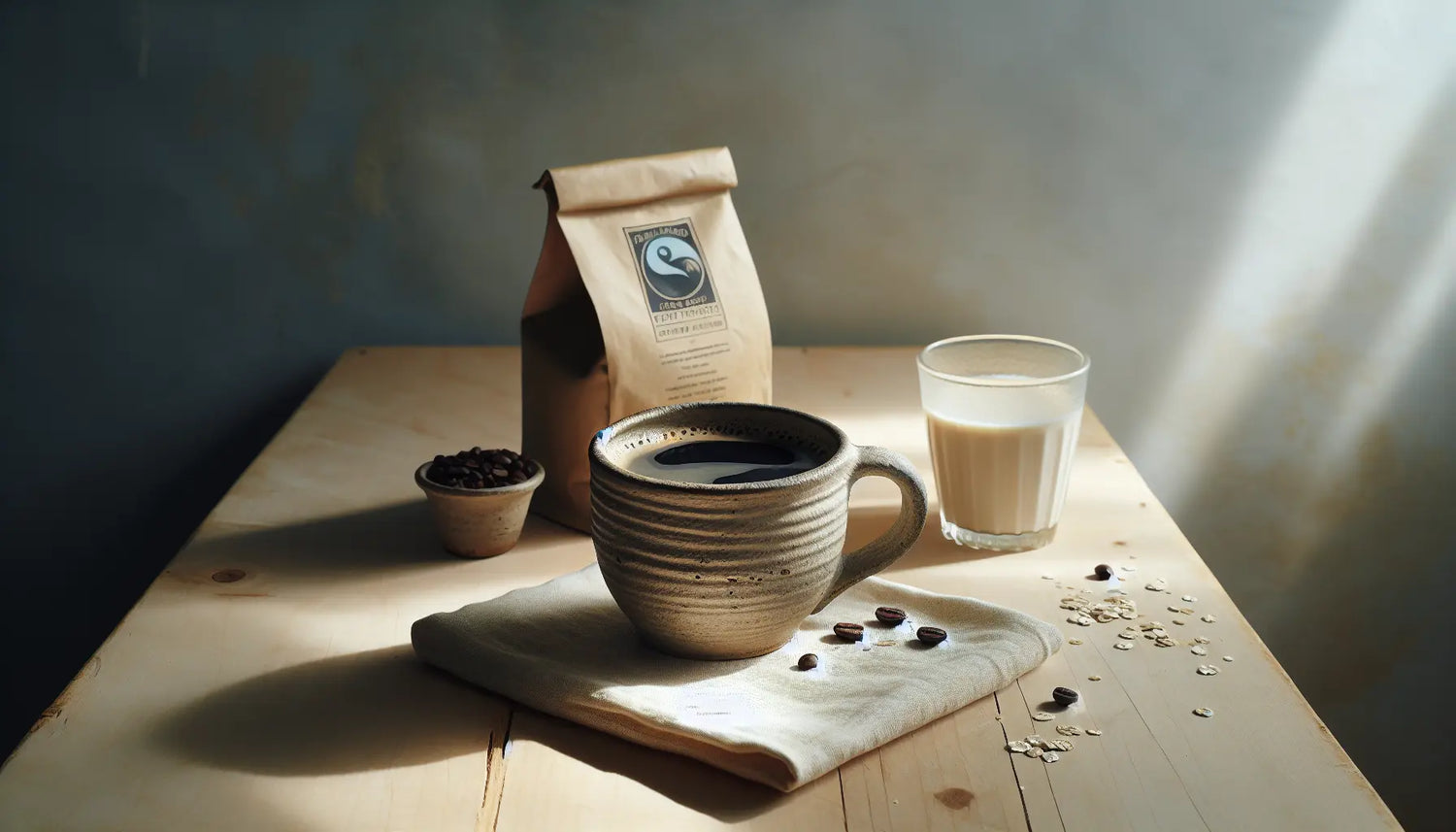 tasse schwarze kaffe mit schaum auf hellem holztisch mit pflanzlicher milch und kaffeebeutel fairtrade in freundlicher atmosphaere