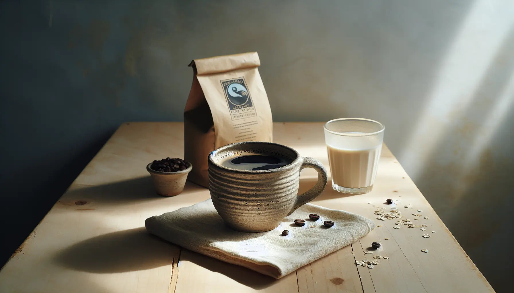 tasse schwarze kaffe mit schaum auf hellem holztisch mit pflanzlicher milch und kaffeebeutel fairtrade in freundlicher atmosphaere
