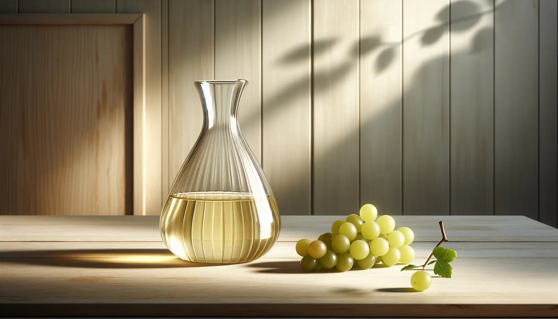 Glaskaraffe mit gelblichem getraenk und einer Traube auf heller rustikaler Holzoberflaeche minimalistisches ruhiges bild