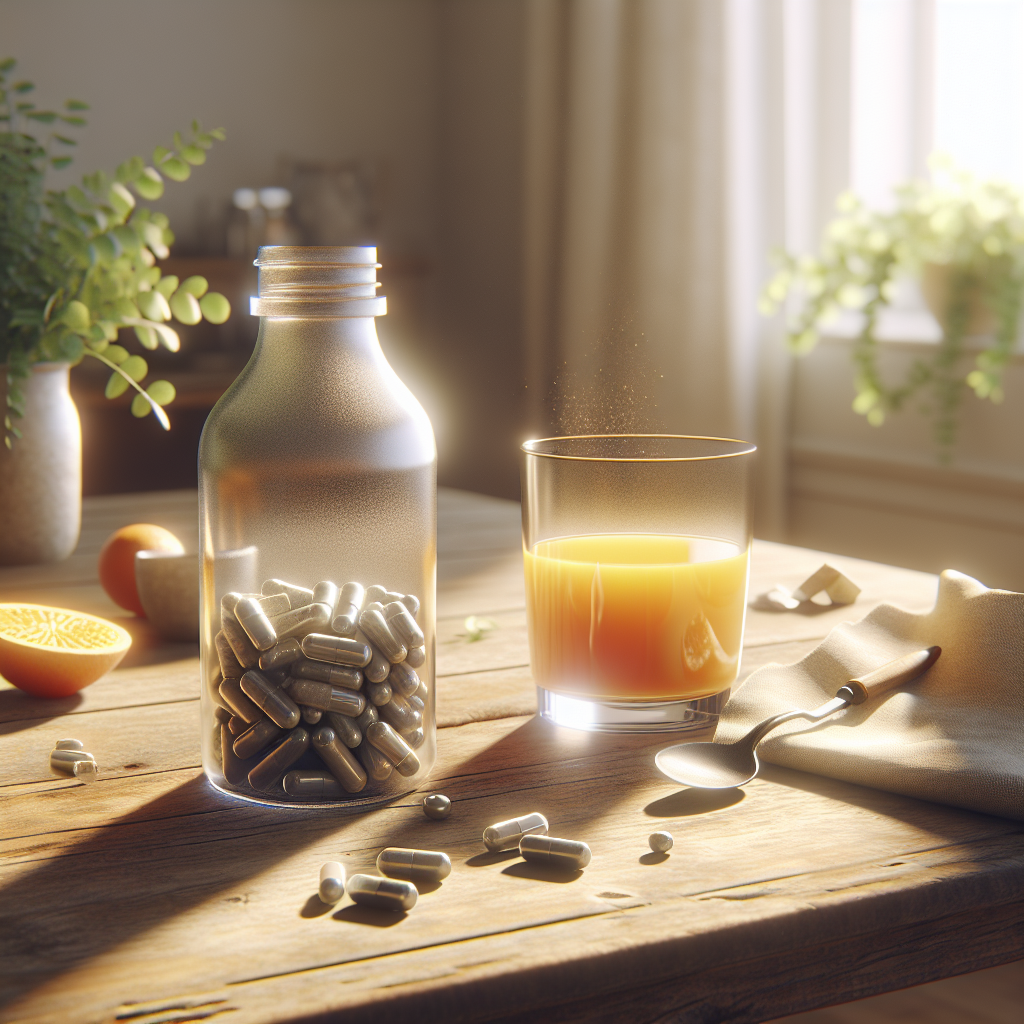 Ein hell erleuchteter Frühstückstisch mit einem kleinen Glas Orangensaft und einer geöffneten Flasche Eisenpräparate, auf einer hellen Holzoberfläche, in natürlichem Tageslicht. Eine friedliche, entspannte Morgenszene passend zum Thema vegane Pioniere.