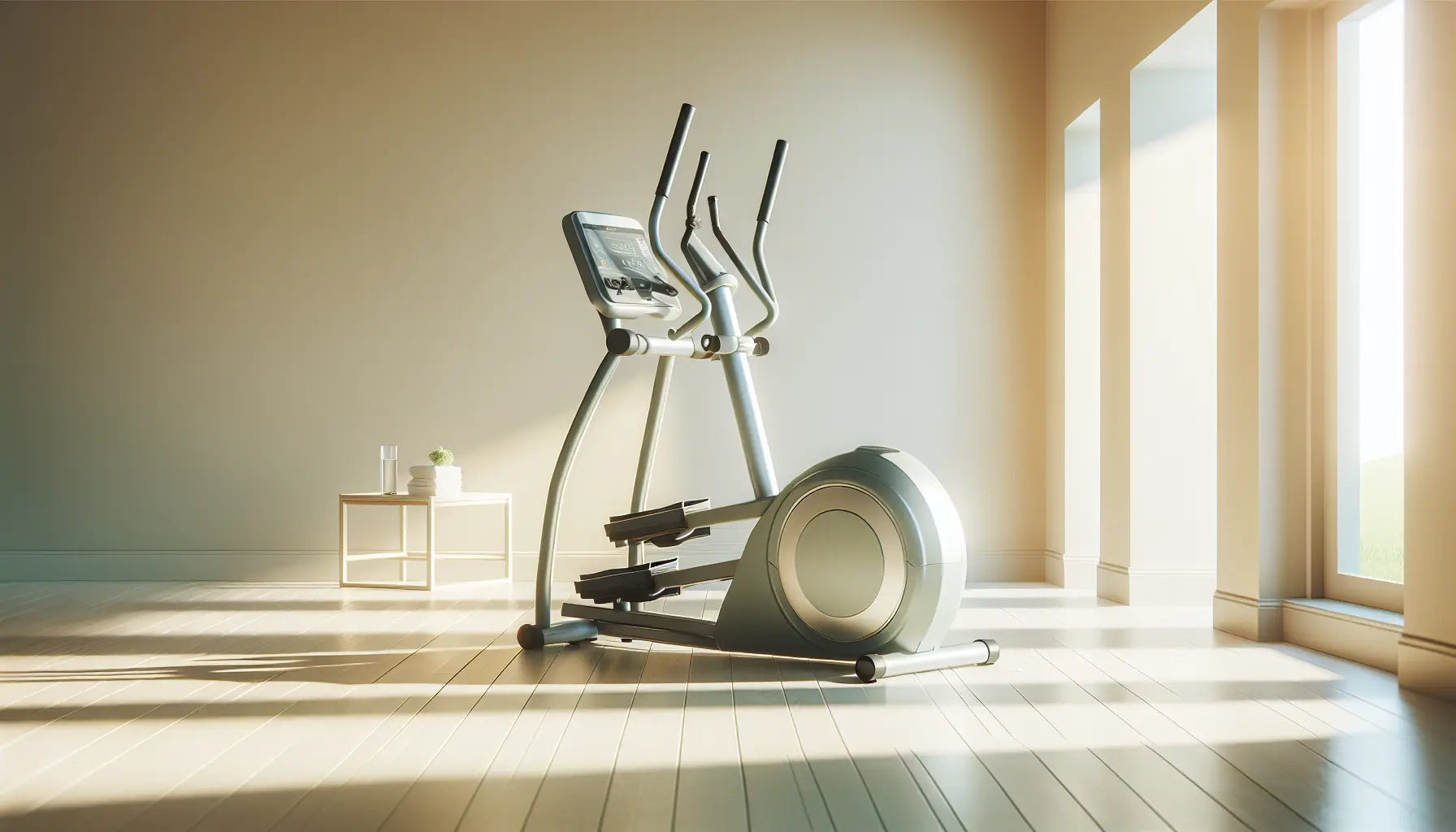 Crosstrainer im fitnessraum auf hellem holzboden mit tageslicht seitlicher beleuchtung und minimalistischem interieur