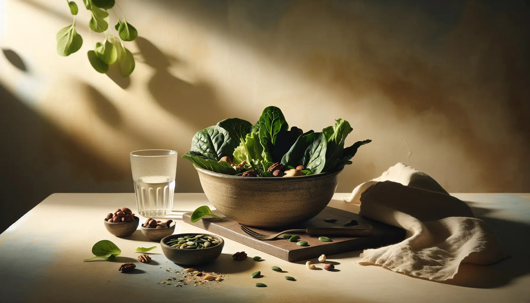 Schale mit verschiedenen Nuessen Samen und frisch gruenem Blattgemuese auf hellem Holztisch mit Glas Wasser und Leinentuch