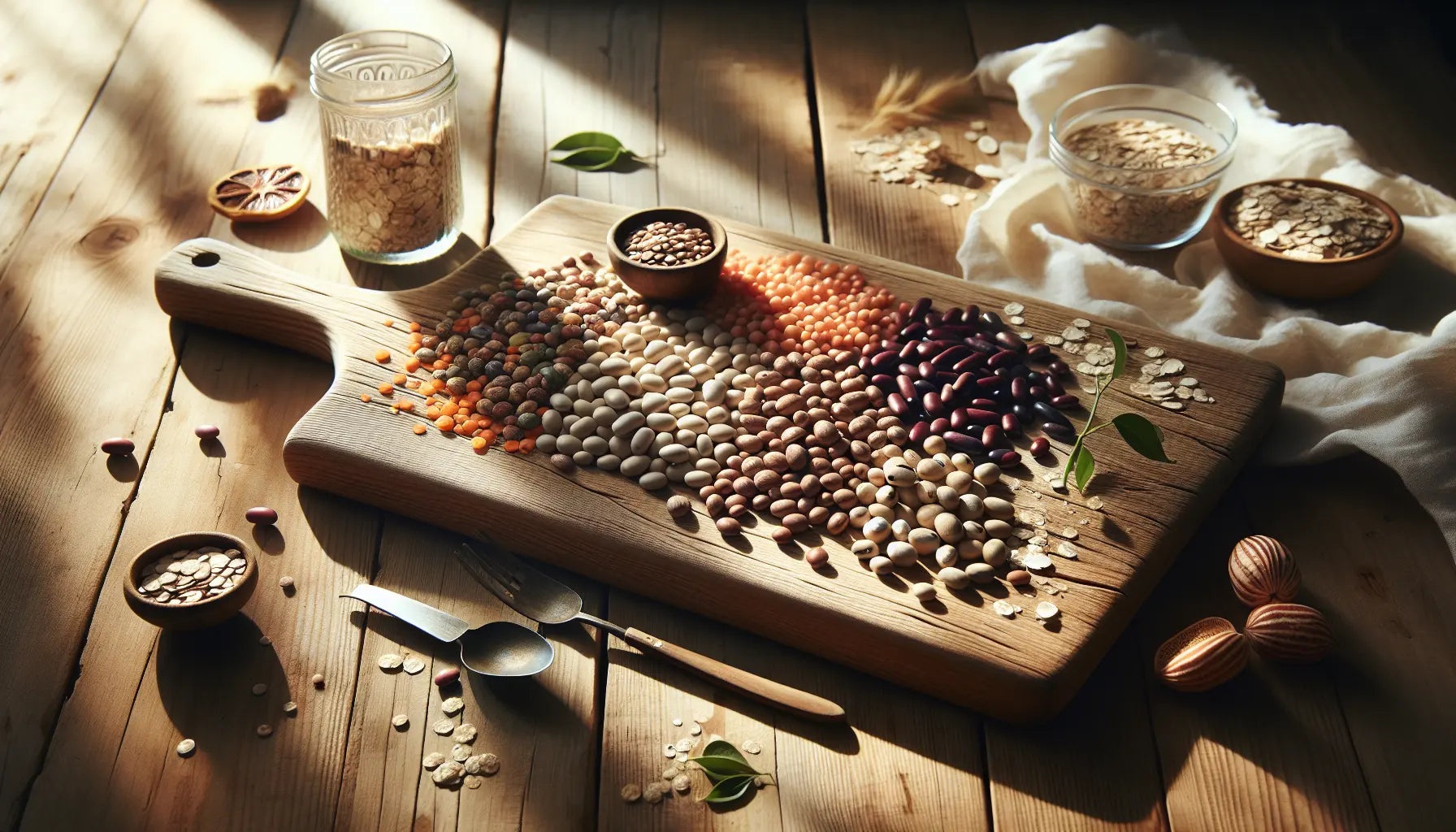 Huellefruechte linse bohnen kichererbsen auf rustikalem holztisch natuerliche anordnung mit glas wasser und loeffel