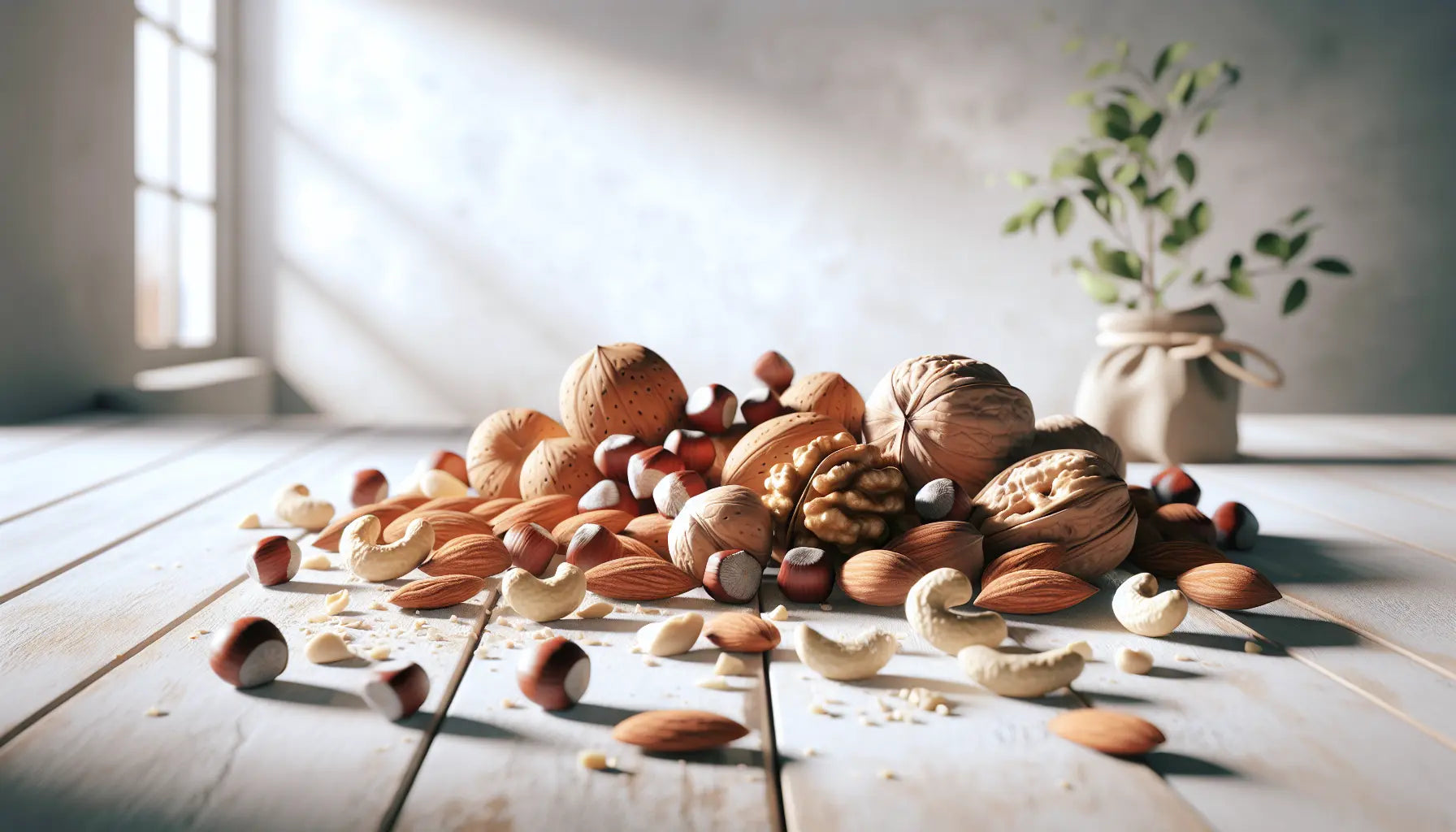 Anordnung verschiedener Nuesse Mandeln Haselnuessen Walnuesse Cashews auf heller rustikaler Holzflaeche mit natuuerlichem Tageslicht in kuche