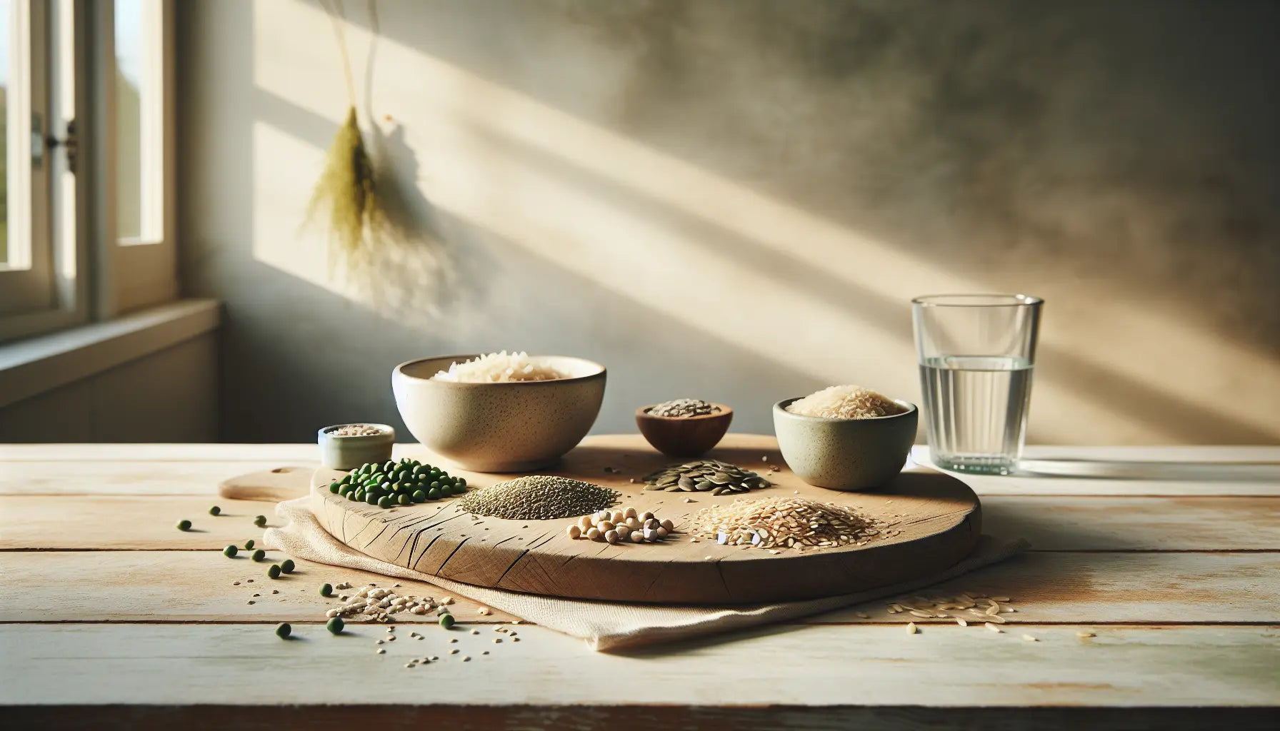 pflanzliche proteine erbsen reis hanf sonnenblumenkerne auf hellem holzbrett in moderner kueche naturbelassen locker verteilt