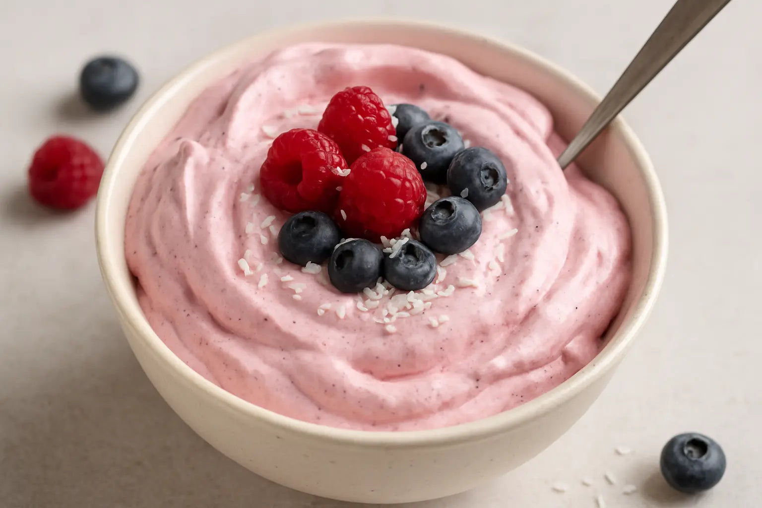 Protein-Fluff mit Beeren & Kokos