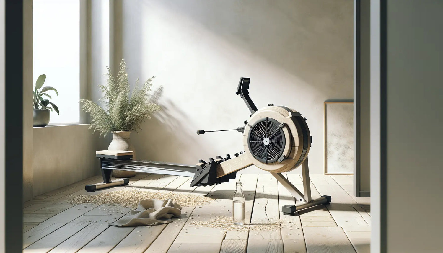 Rudergeraet in hellem Fitnessstudio ohne menschen mit natürlichem tageslicht und minimalistischem ambiente