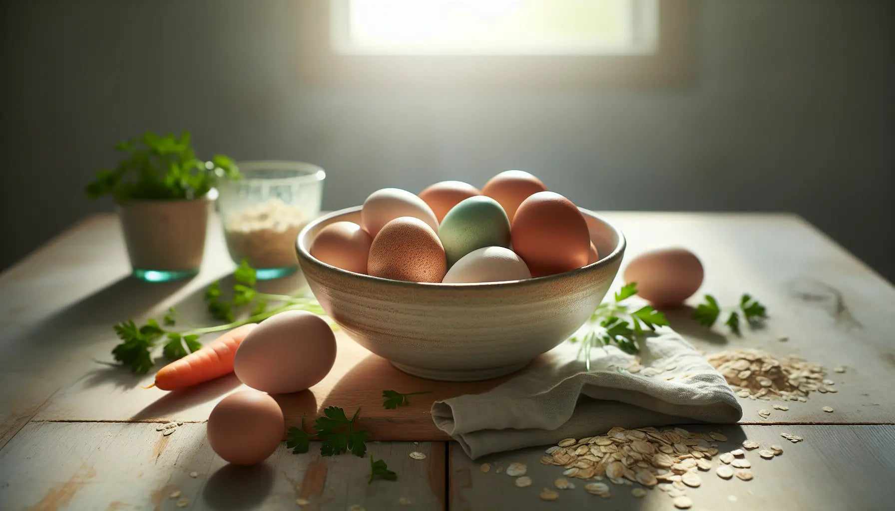 Schale mit bunten Huehnereiern auf hellem Holztisch umgeben von frischen Kraeutern und Gemüse bei hellem Morgenlicht