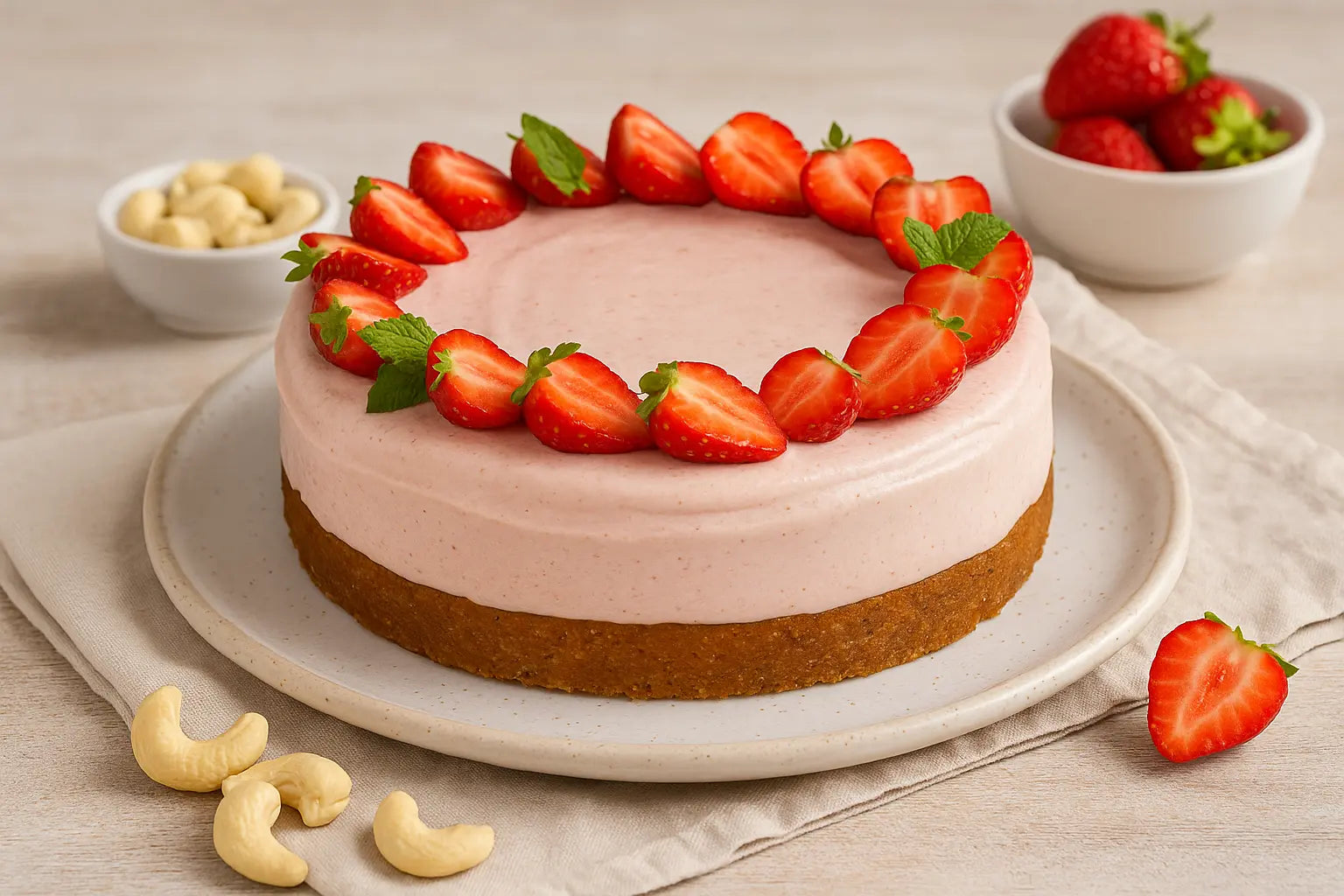 Vegane Erdbeer-Protein-Torte mit Cashewcreme