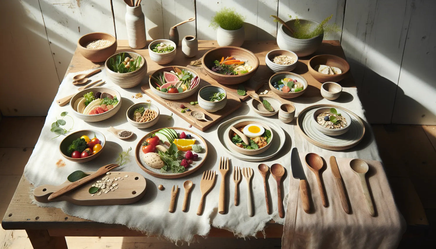 bunte vegane gerichte auf keramiktellern mit nachhaltigem holzbesteck auf hellem rustikalem holztisch bei tageslicht