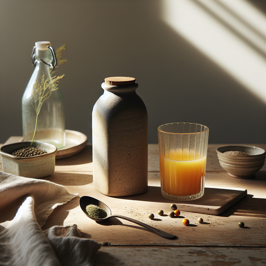 Heller, gemütlicher Frühstückstisch mit veganem Eisenpräparat und einem Glas frischem Orangensaft in natürlichem Morgenlicht, symbolisiert vegane Gesundheits- und Umweltbewusstsein.