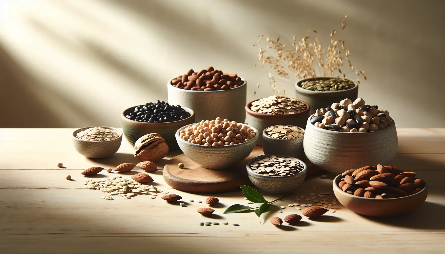Auswahl pflanzlicher proteinquellen hülsenfrüchte nüsse samen auf hellem rustikalem holztisch mit keramikschalen und leinentuch