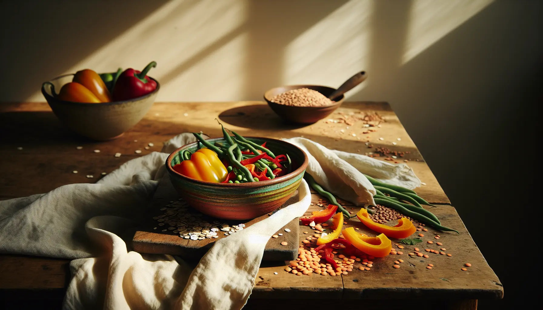 buntes gemuese linsen vollkornprodukte auf hellem holztisch sonniges tageslicht vegane vielfalt