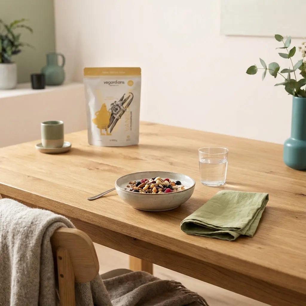 Veganer proteinreicher Frühstücksteller mit Müsli, pflanzlichem Joghurtersatz, Nüssen und Glas Wasser auf nachhaltigem Holztisch im Morgenlicht – Szene zum Thema abnehmen als mann