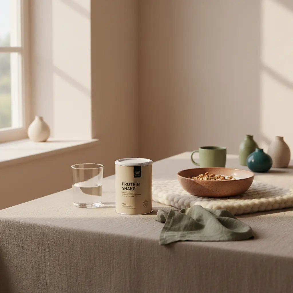 Veganer Frühstückstisch in heller Küche mit Granola, pflanzlichem Joghurt, Nüssen und Shake in ruhiger slow‑living Atmosphäre — Thema abnehmen im Liegen.