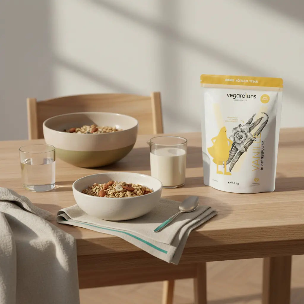 Minimalistische Frühstücksszene mit Müsli, Glas Wasser und pflanzlichem Shake auf nachhaltigem Holztisch im Morgenlicht – abnehmen ohne Fitnessstudio