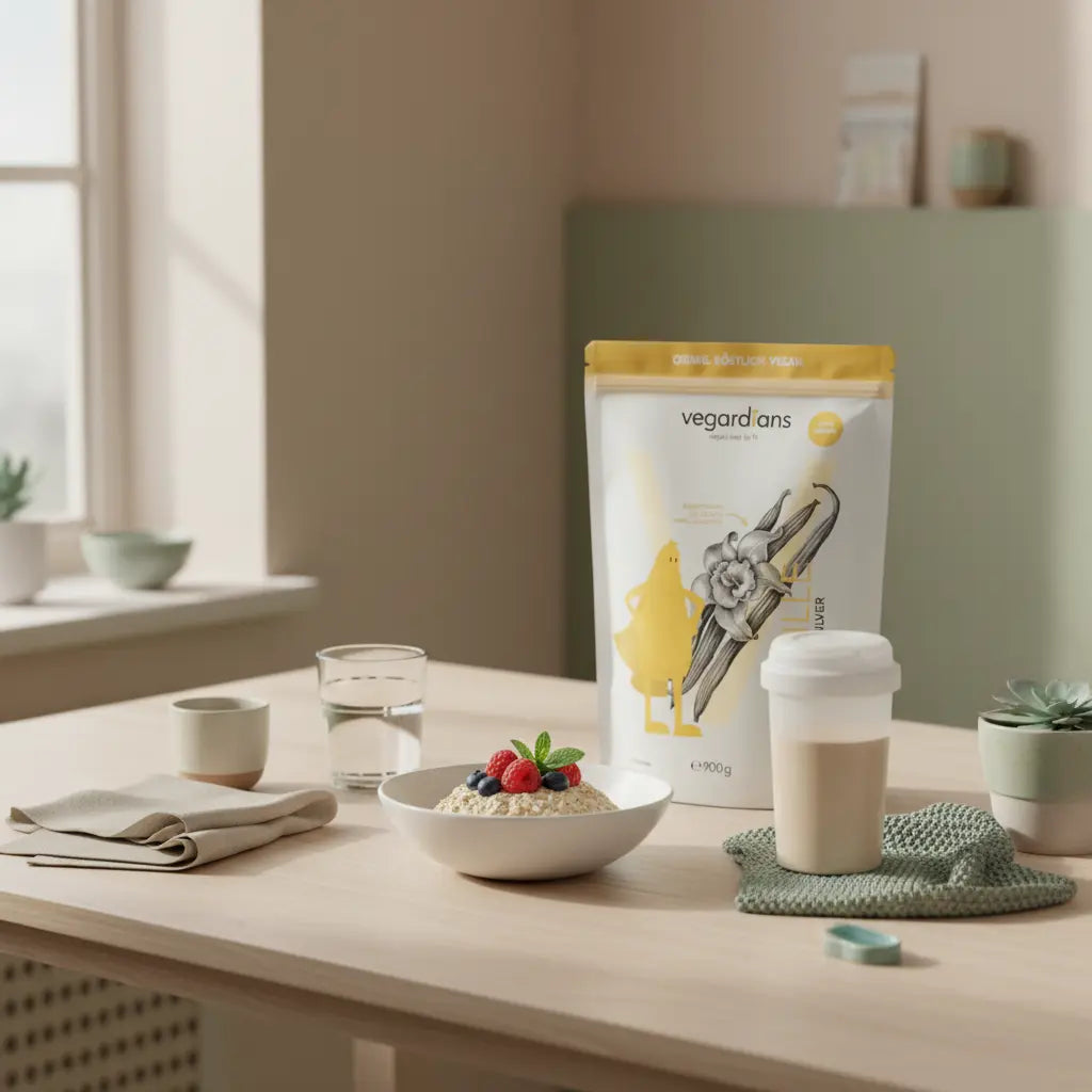 Minimalistischer veganer Frühstückstisch in europäischer Küche bei Morgenlicht mit Haferflocken, Beeren, Glas Wasser und Shake – ruhige Szene zum Thema abnehmen ohne sport