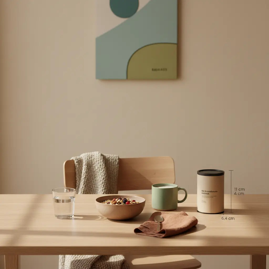 Minimalistisches Morgenfrühstück mit veganem Müsli, Nüssen, Shake und Wasserglas auf nachhaltigem Tisch in europäischer Küche, abnehmen Tipps