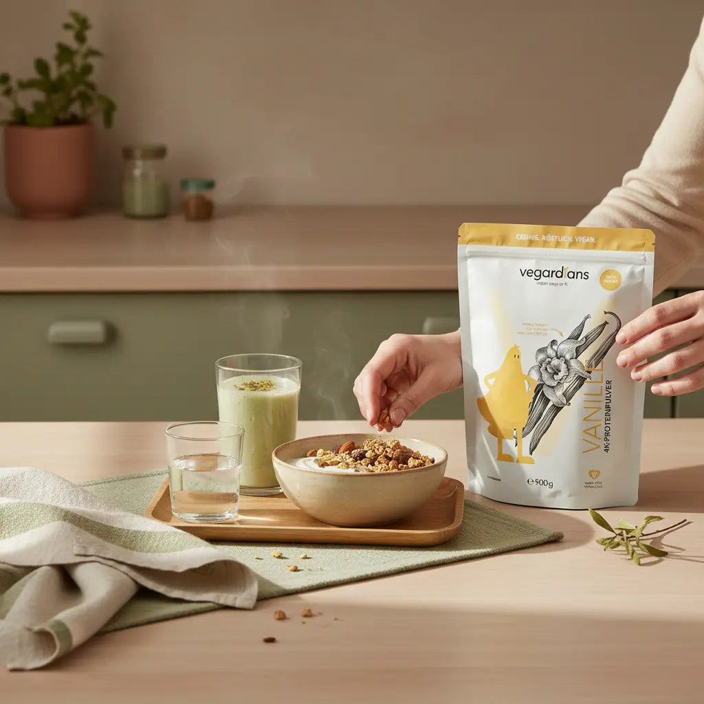 Sanftes Morgenfrühstück mit Müsli, Joghurt, Nüssen und Shake auf nachhaltigem Holztisch – bewusstes Essen für abnehmen über 60