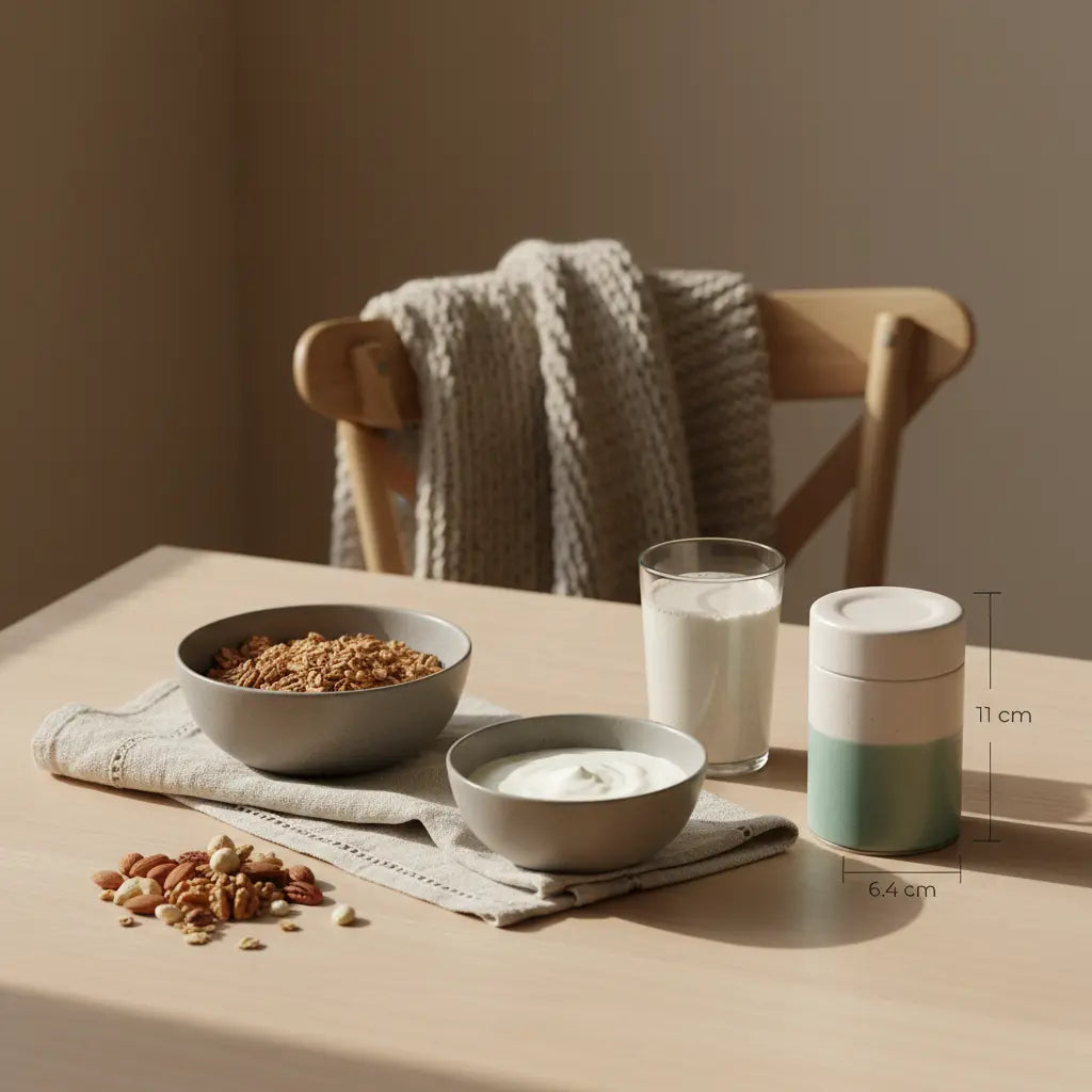 Minimalistisches veganes Frühstück mit Müsli, pflanzlichem Joghurt, Nüssen und Proteinshake auf nachhaltigem Holztisch im Morgenlicht, bewusstes Abnehmen