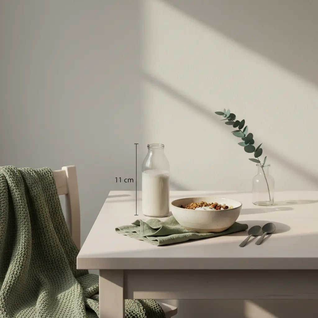 Veganes Frühstück mit Müsli, pflanzlichem Joghurt, Nüssen und Shake auf nachhaltigem Tisch in minimalistischer Morgenlicht-Küchenszene – Abnehmprogramme