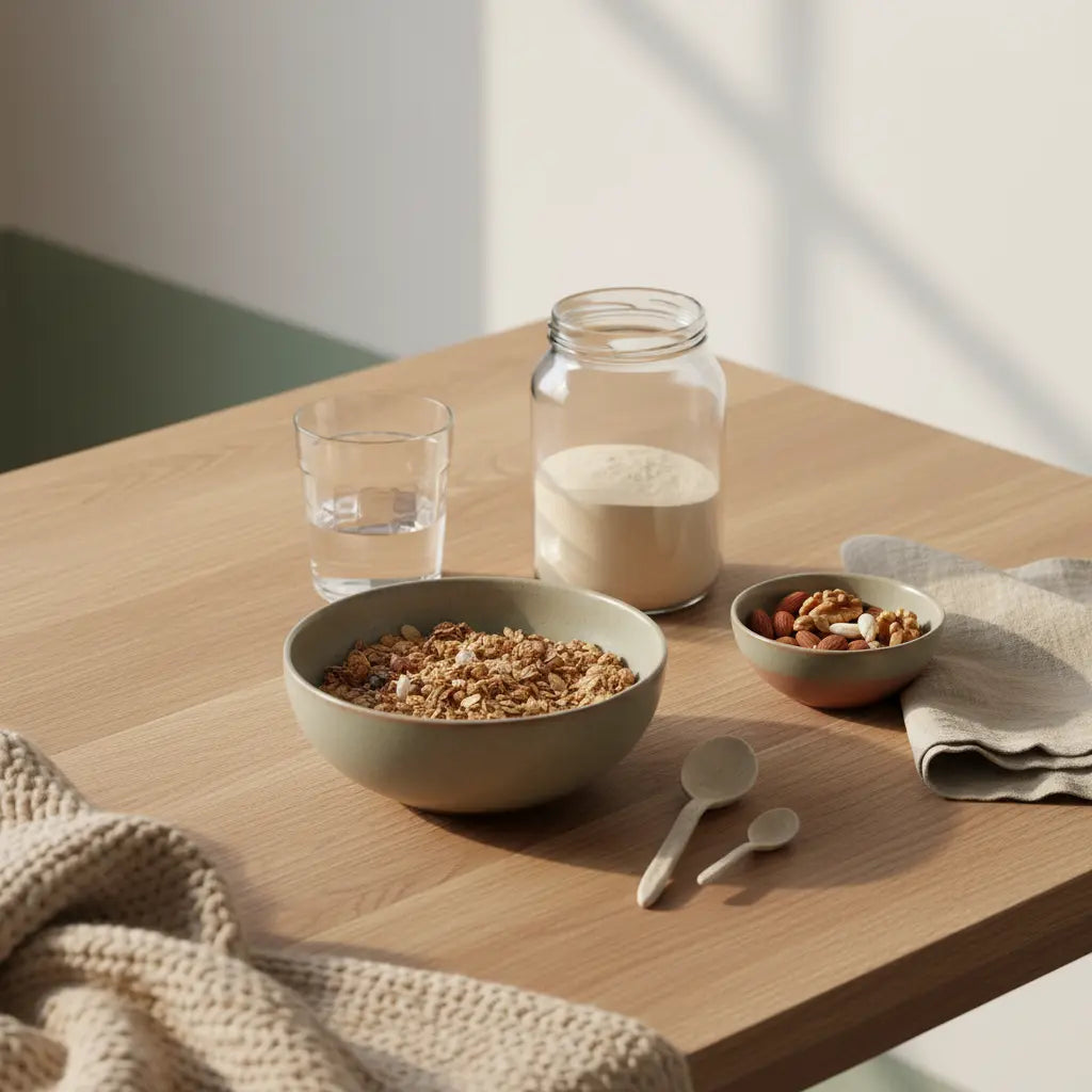 Veganer Abnehmshake auf nachhaltigem Holztisch mit Schale Müsli, Nüssen, Glas Wasser, Leinenserviette und Wollakzent in sanftem Morgenlicht.