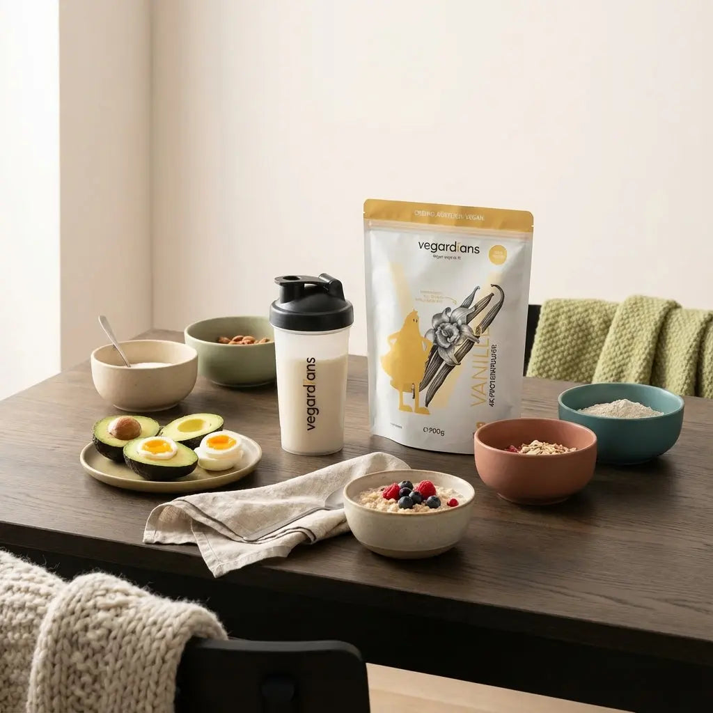 Minimalistische Morgenszene mit Avocado, Eiern, Hafer und Shake auf nachhaltigem Holztisch in Beige‑Salbei‑Farben, stimmig für anabole diät.