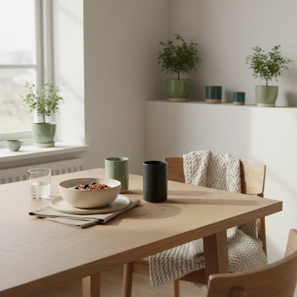 Veganes Frühstück mit Granola, pflanzlichem Joghurt, Nüssen und Shake auf minimalistischem Tisch mit winterlichen Texturen – Antriebslosigkeit im Winter visualisiert.