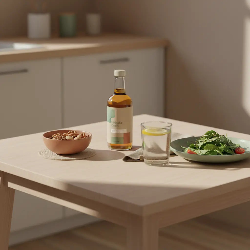 Minimalistische Frühstücksszene mit Flasche Apfelessig, Glas Wasser mit Zitrone, Schälchen Nüsse und Salat – apfelessig zum abnehmen