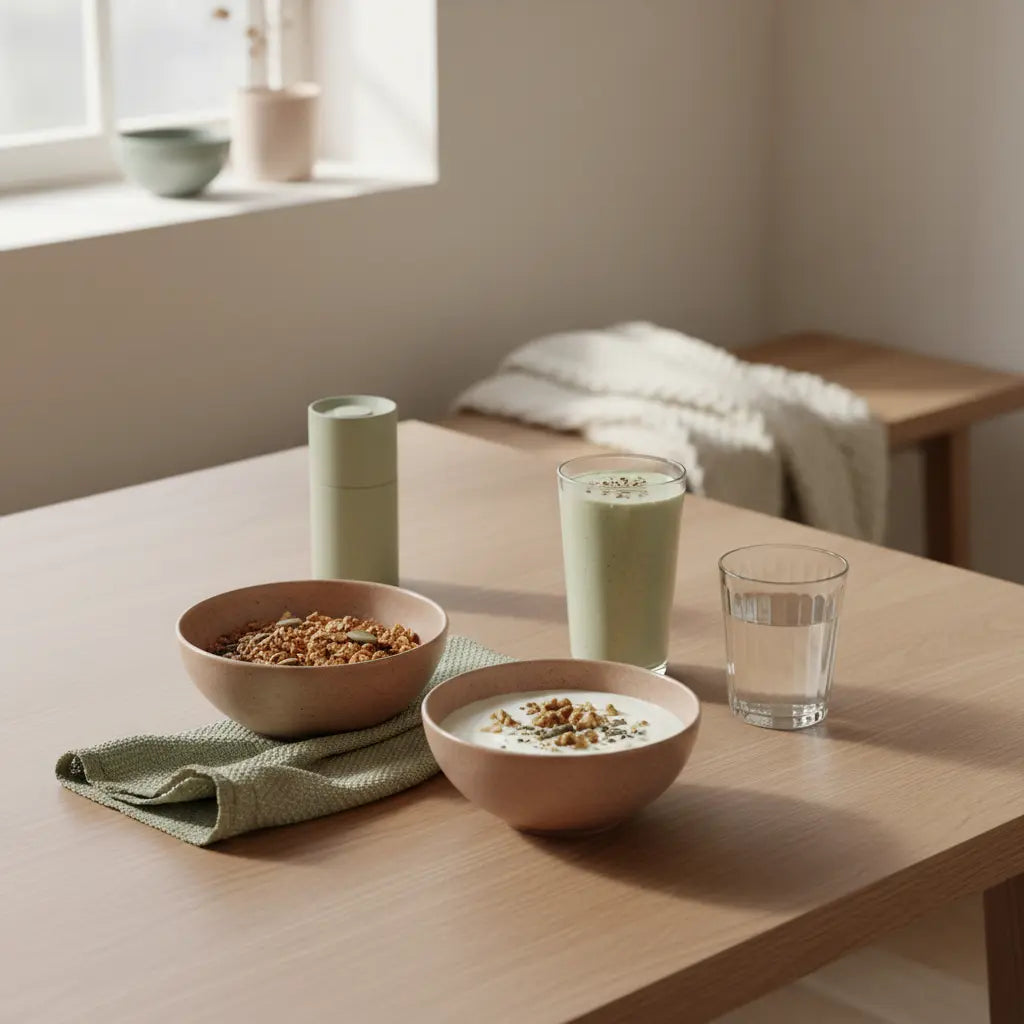 Minimalistisches Frühstück in europäischer Küche mit Granola, pflanzlichem Joghurt, Nüssen und Shake auf Tisch im Morgenlicht – Bananen vegan