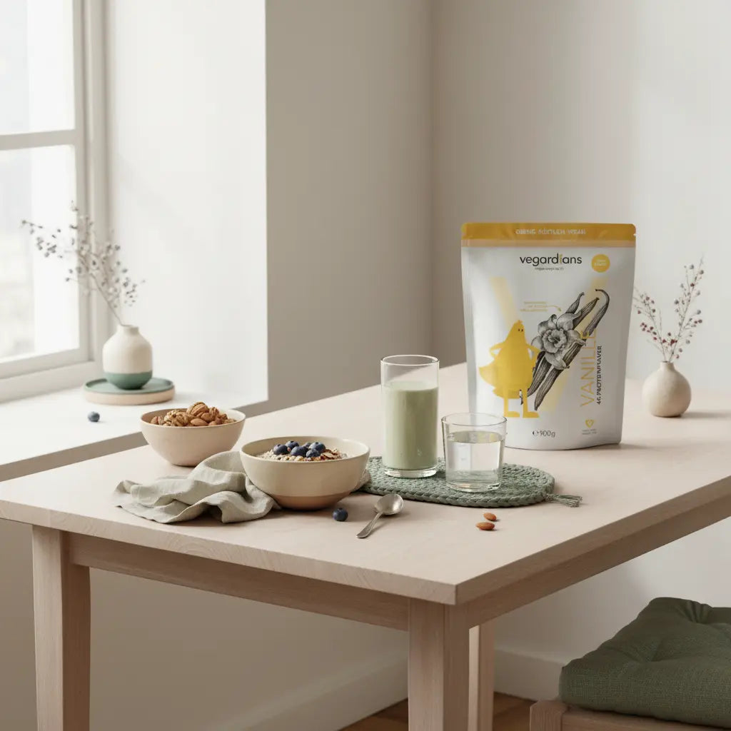 Veganes Frühstück in europäischer Küche bei Morgenlicht: Haferbrei mit Beeren, Nüsse und pflanzlicher Shake auf nachhaltigem Holztisch – Thema: Bauchfett bei Frauen 60+