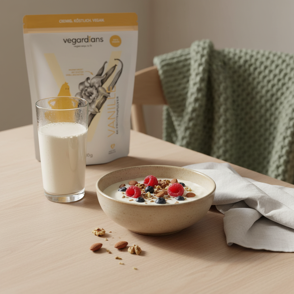 Vegane proteinreiche Frühstücksschale und Proteinshake auf nachhaltigem Holztisch im sanften Morgenlicht – Bildkonzept zu Bauchfett in den Wechseljahren.