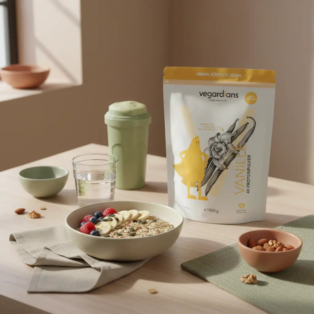 Ruhevolle Frühstücksszene mit pflanzlicher Bowl, Glas Wasser, Nüsse und Shake – nährende Mahlzeit zur Unterstützung gegen Bauchfett und bewusster Ernährung