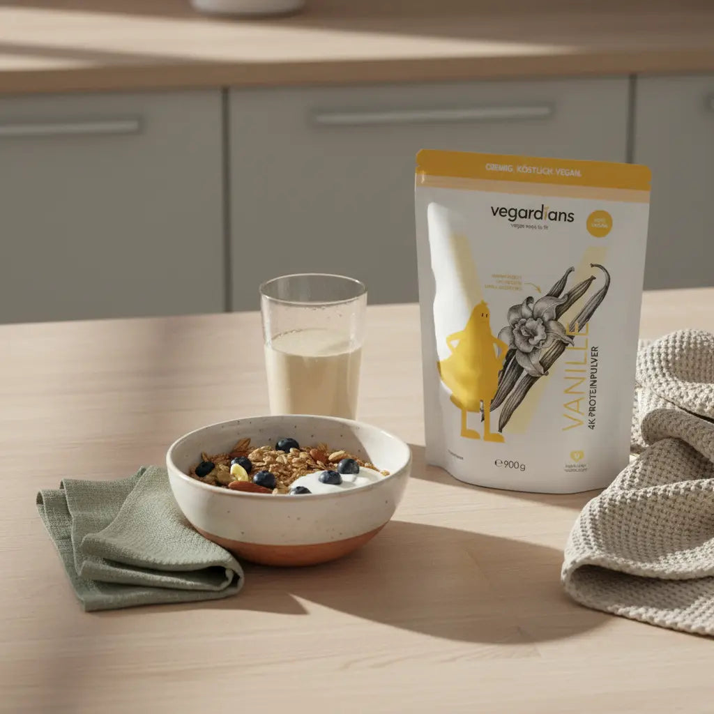 Europäische Küche im Morgenlicht: nachhaltiger Holztisch mit veganem Müsli, pflanzlichem Joghurt, Nüssen, Shake-Glas und Vegardians-Produkt – Bauchfett reduzieren